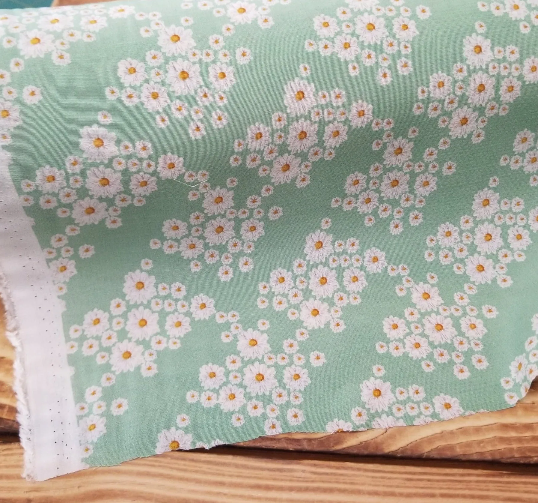 End of Bolt: 2.5 yards of Daisy Floral Mint Green Floral Rayon Textured Woven-remnant