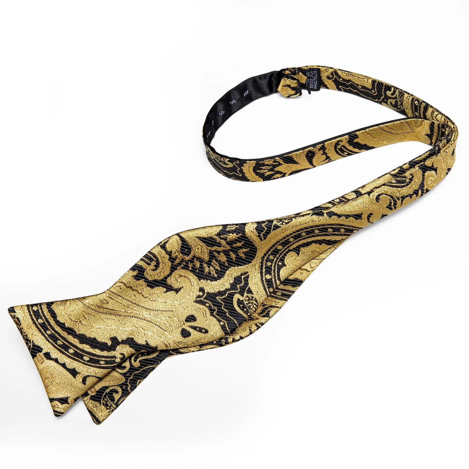 Gold Black Paisley Self-Bowtie Pocket Square Cufflinks Set