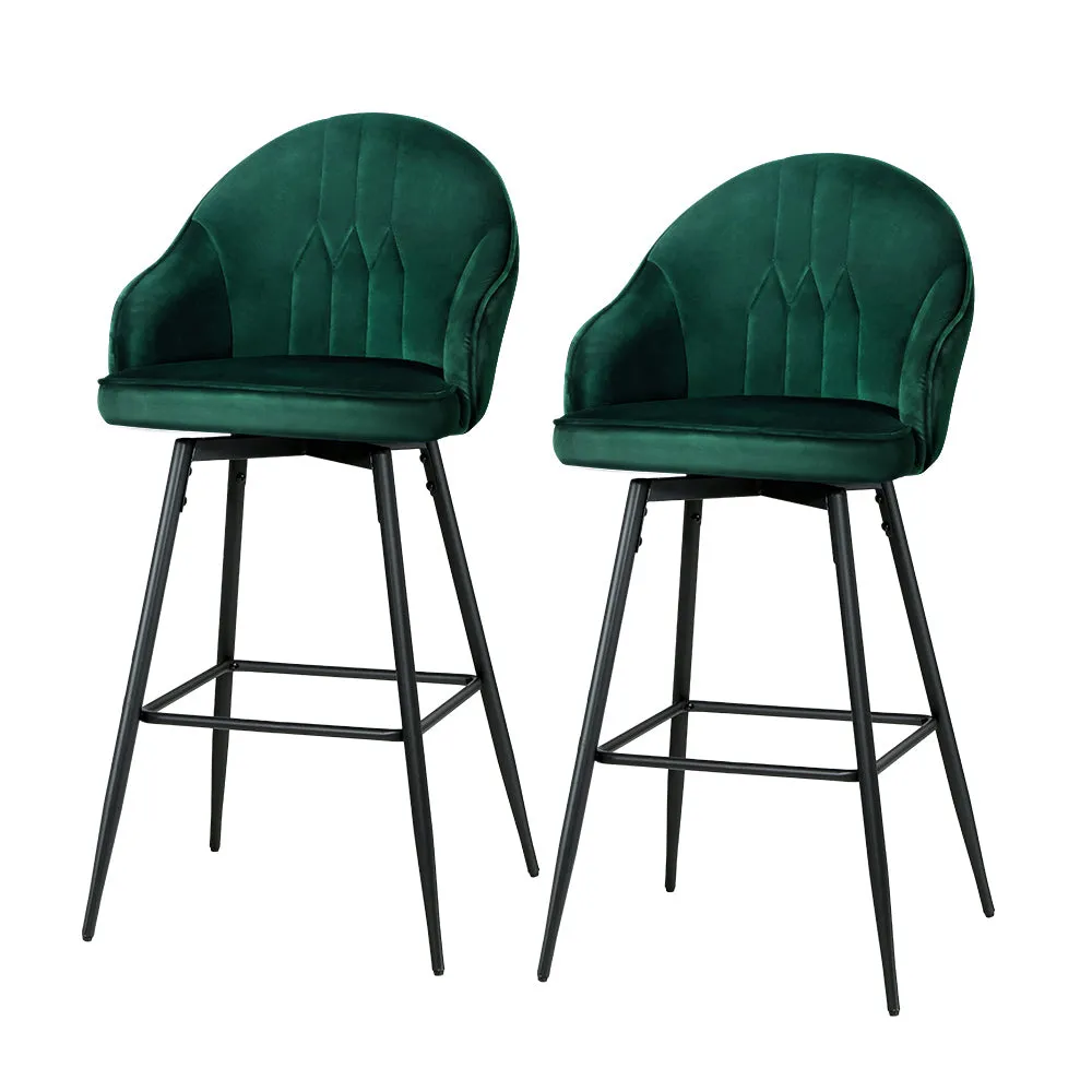 Green Velvet Swivel Bar Stools with Metal Legs - 2x Artiss