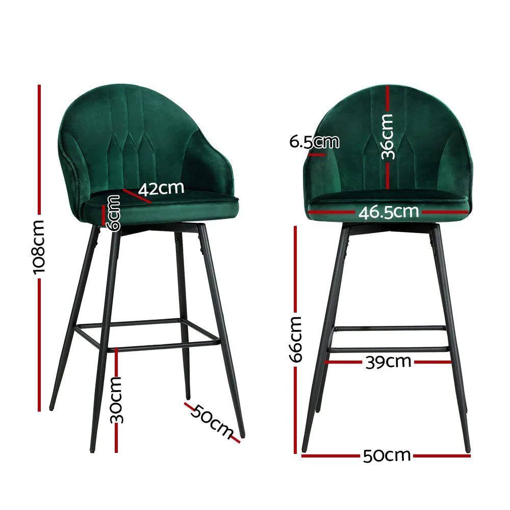 Green Velvet Swivel Bar Stools with Metal Legs - 2x Artiss