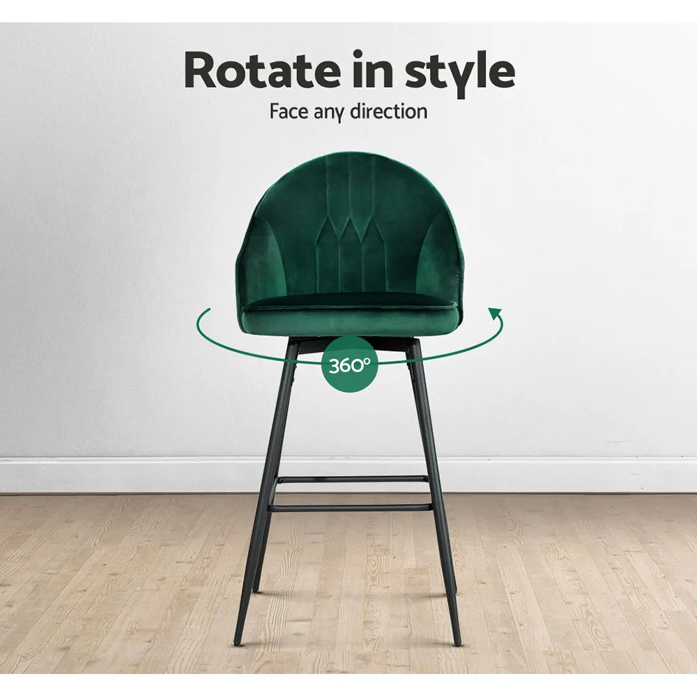 Green Velvet Swivel Bar Stools with Metal Legs - 2x Artiss