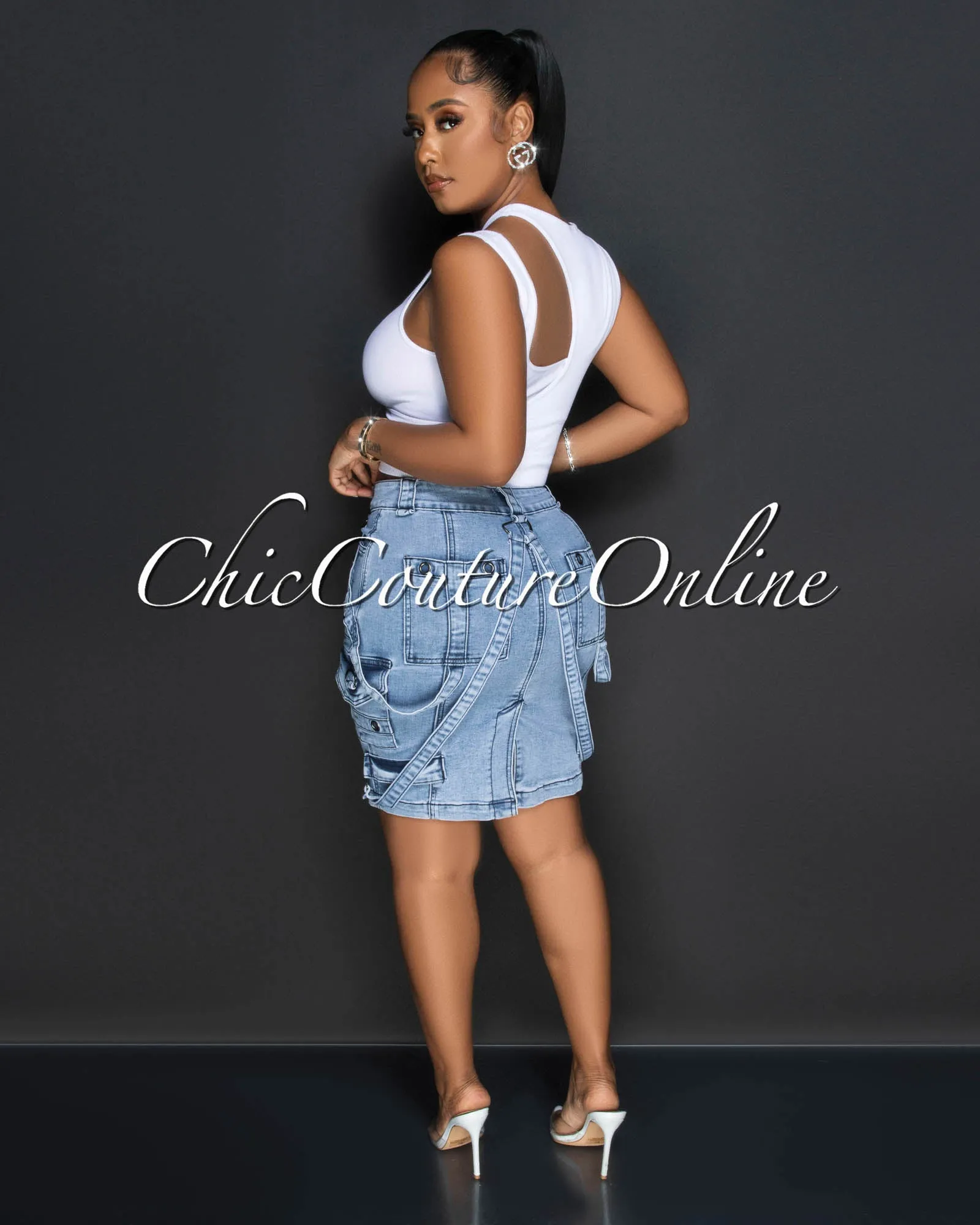 Javal Light Denim Cargo Midi Skirt