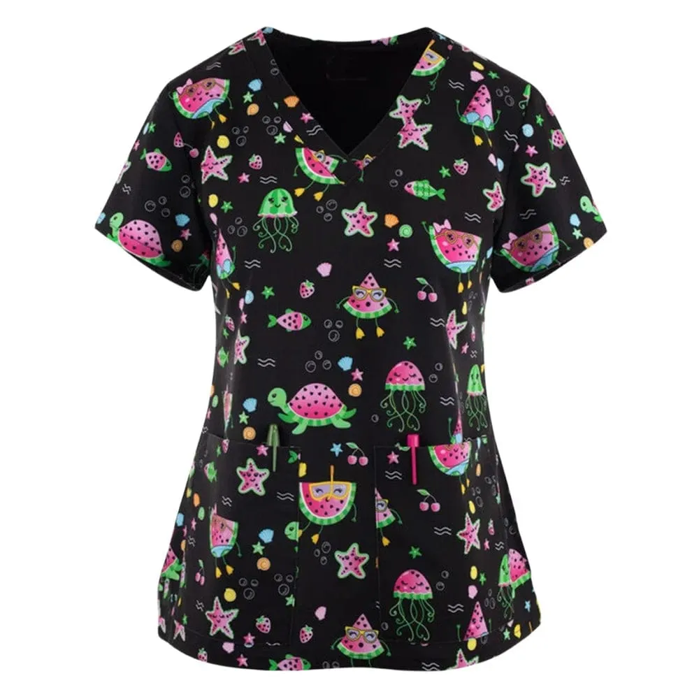 Medics Print Scrub Tops Working Uniform Nurse Scrub