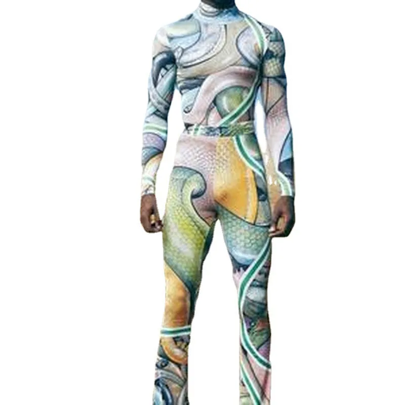 Rave Outfits Men Long Sleeve Shirt Slim Fit Printed Stretch Tight Turtlenecks