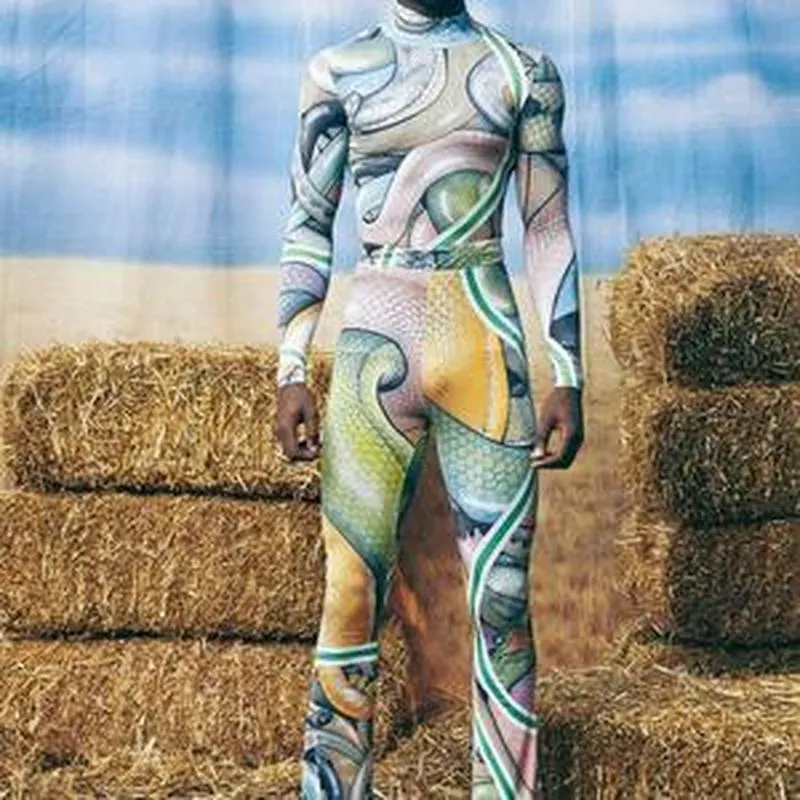 Rave Outfits Men Long Sleeve Shirt Slim Fit Printed Stretch Tight Turtlenecks