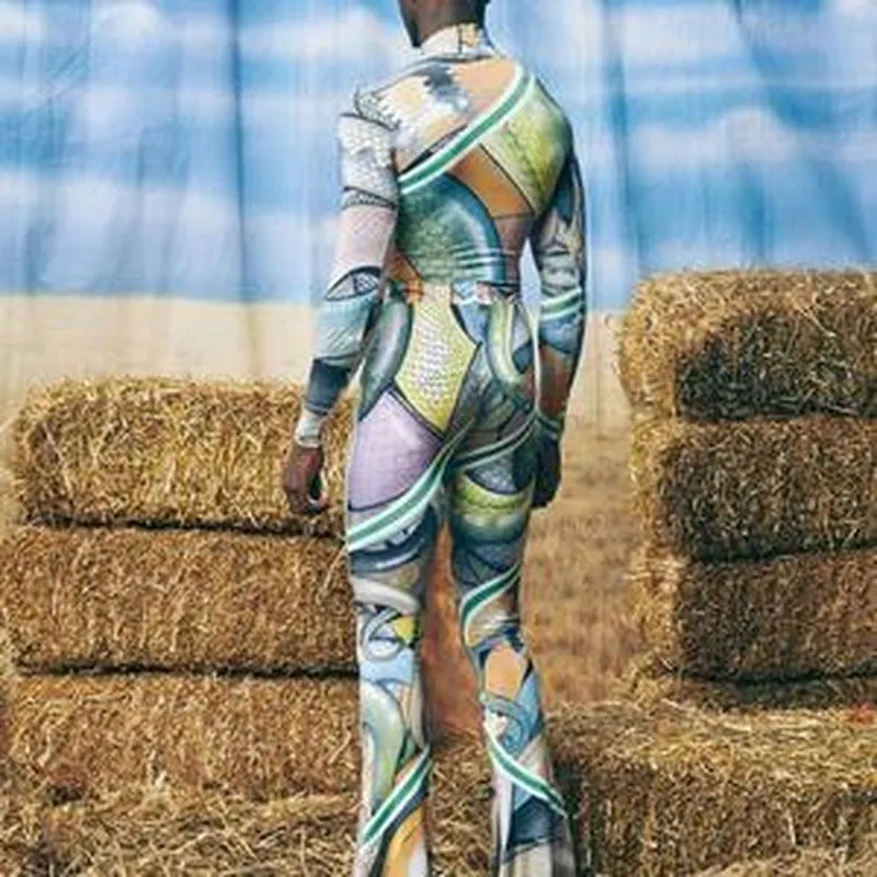 Rave Outfits Men Long Sleeve Shirt Slim Fit Printed Stretch Tight Turtlenecks