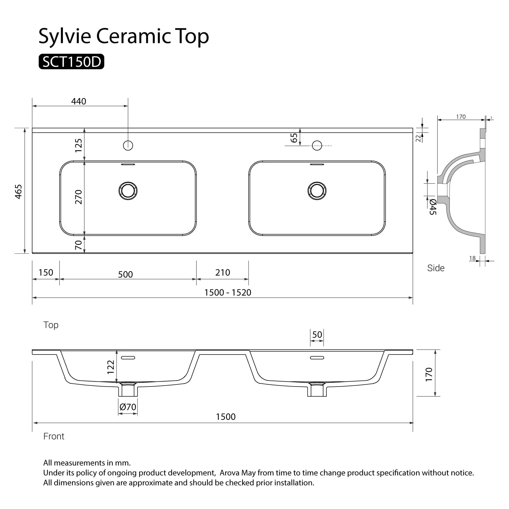 Sylvie 1500mm Full Depth Ceramic Vanity Top Double Bowl