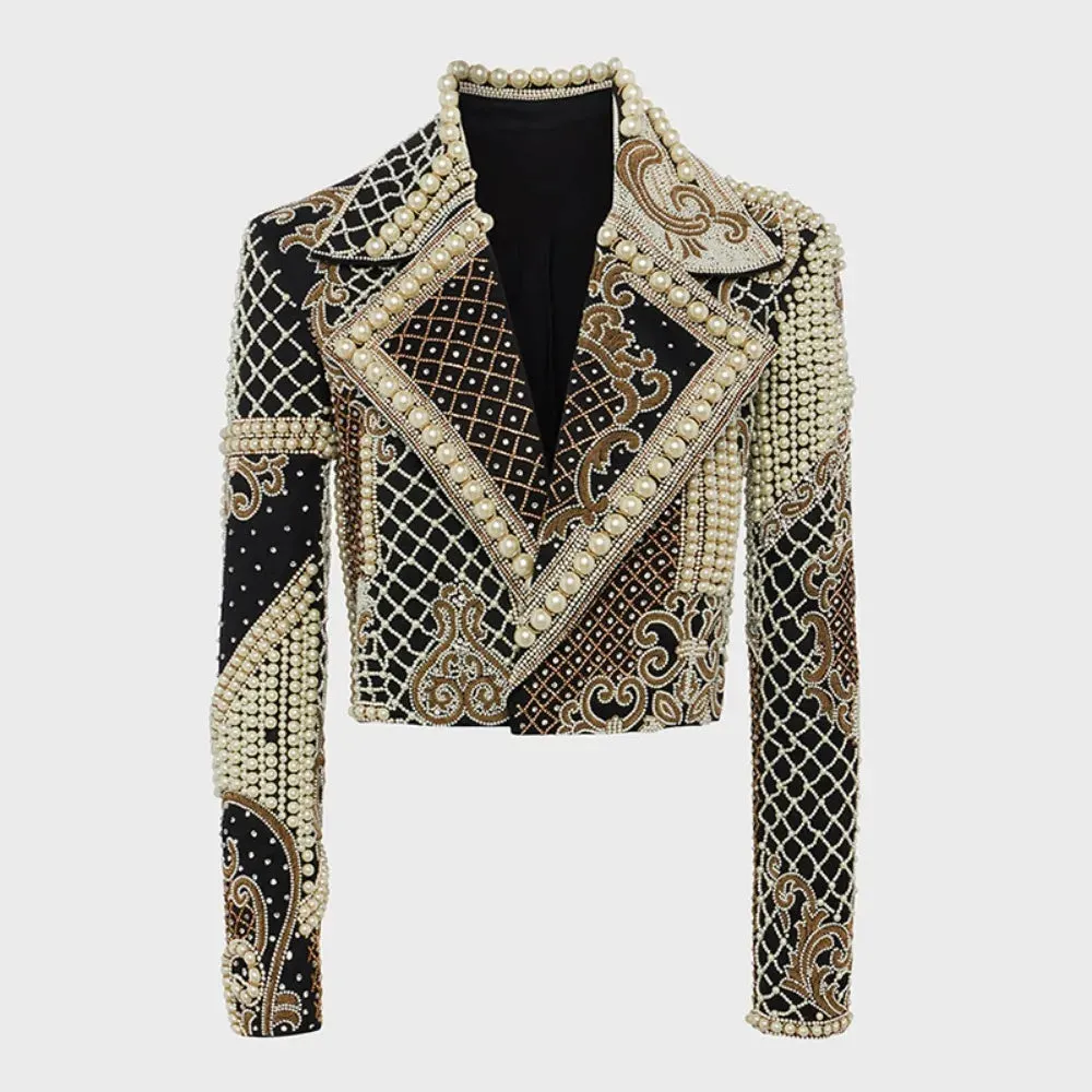 Turn-down Collar Patchworks Pearl Lapel Long Sleeve Chic Jacket