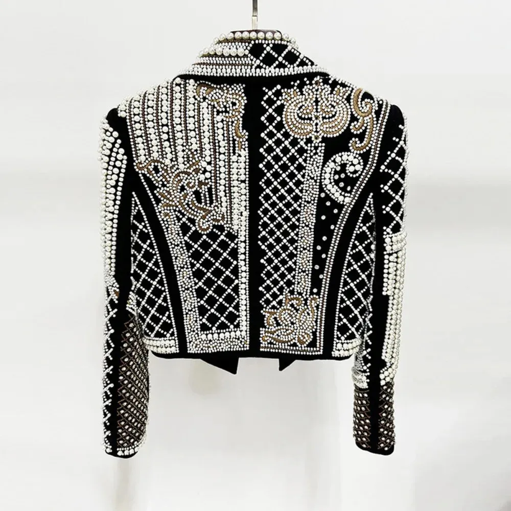 Turn-down Collar Patchworks Pearl Lapel Long Sleeve Chic Jacket