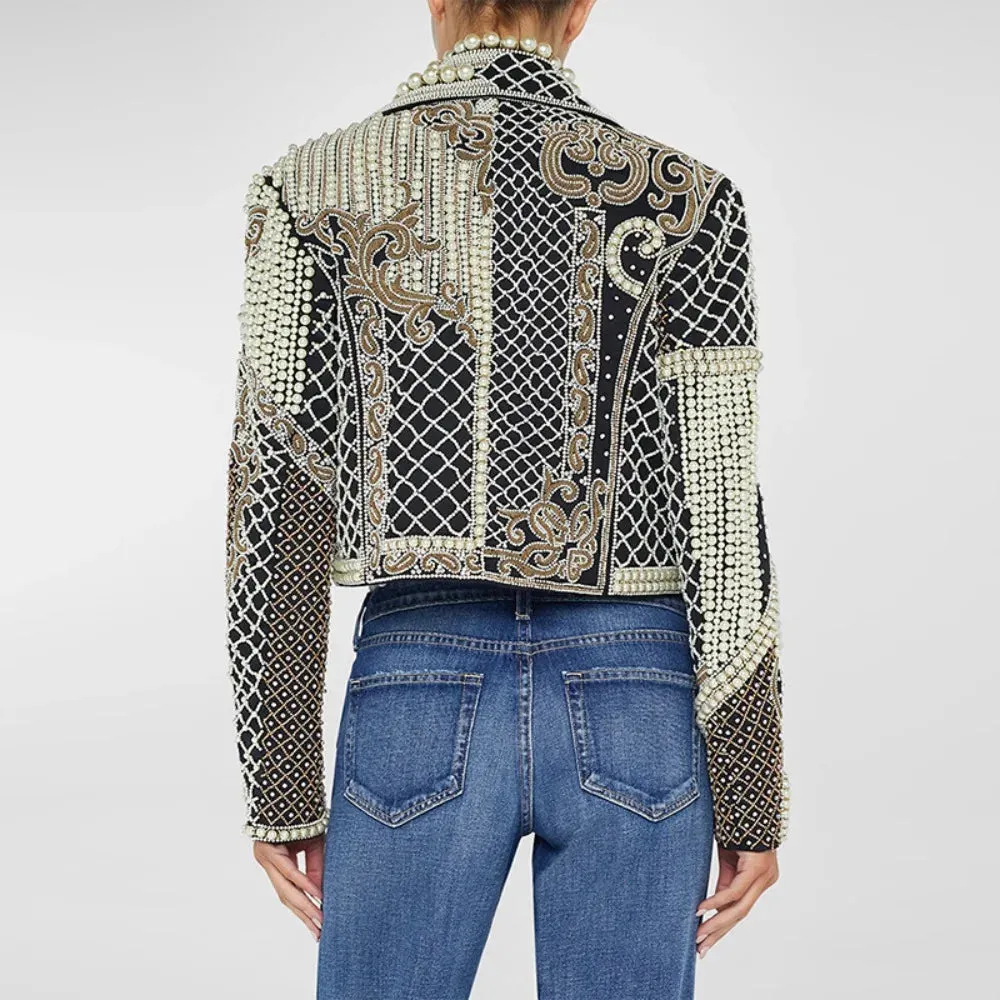 Turn-down Collar Patchworks Pearl Lapel Long Sleeve Chic Jacket