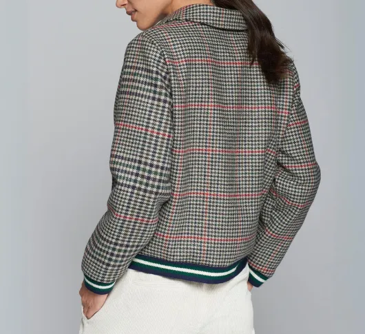 Vilagallo - Houndstooth Zip Baseball Jacket in Navy and Green