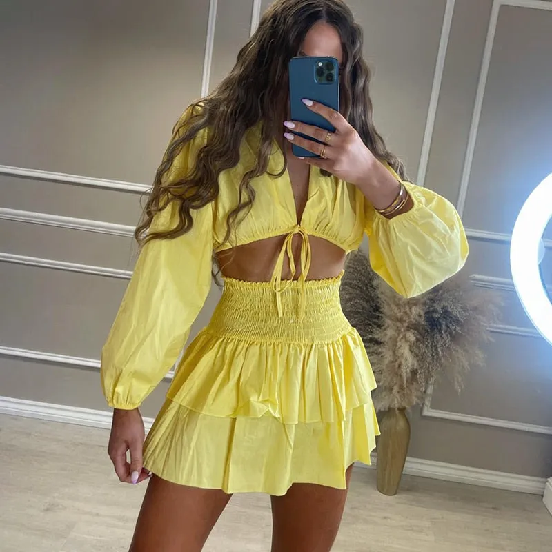 Wenkouban  V Neck Short Tops Suits Women Fashion Lace Up Solid Suit Women Elegant Ruffle Mini Skirts Suits Female Ladies