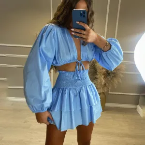 Wenkouban  V Neck Short Tops Suits Women Fashion Lace Up Solid Suit Women Elegant Ruffle Mini Skirts Suits Female Ladies