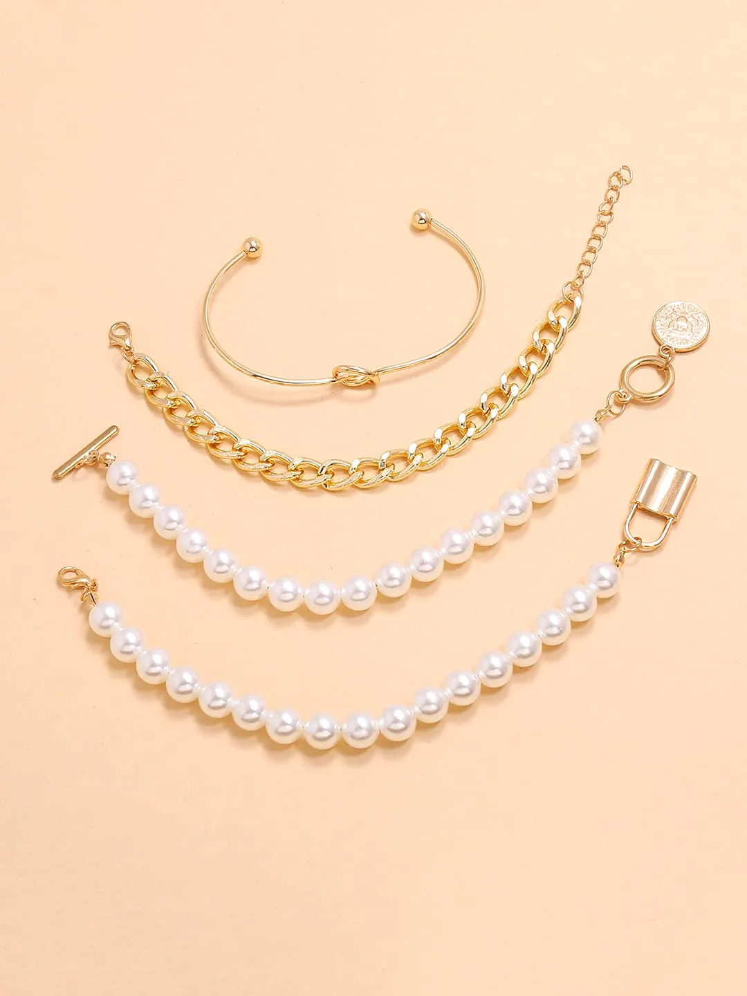 Yellow Chimes Combo Bracelets for Women 4 Pcs Multilayred Pearl Chain With Charm Bracelets Set for Women and Girls