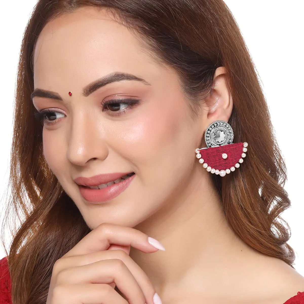 Yellow Chimes Earrings for Women and Girls Traditional Silver Oxidised Drop|Maroon Woven Wrapped Pearl Drop Earrings|Birthday Gift For girls and women Anniversary Gift for Wife