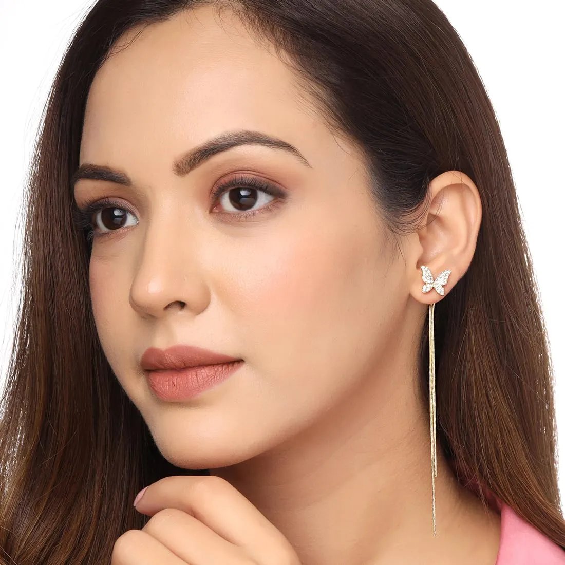 Yellow Chimes Earrings For Women Gold Tone 2 Pair Combo of Butterfly and Leaf Designed Stone Pearl Dangler Earrings For Women and Girls