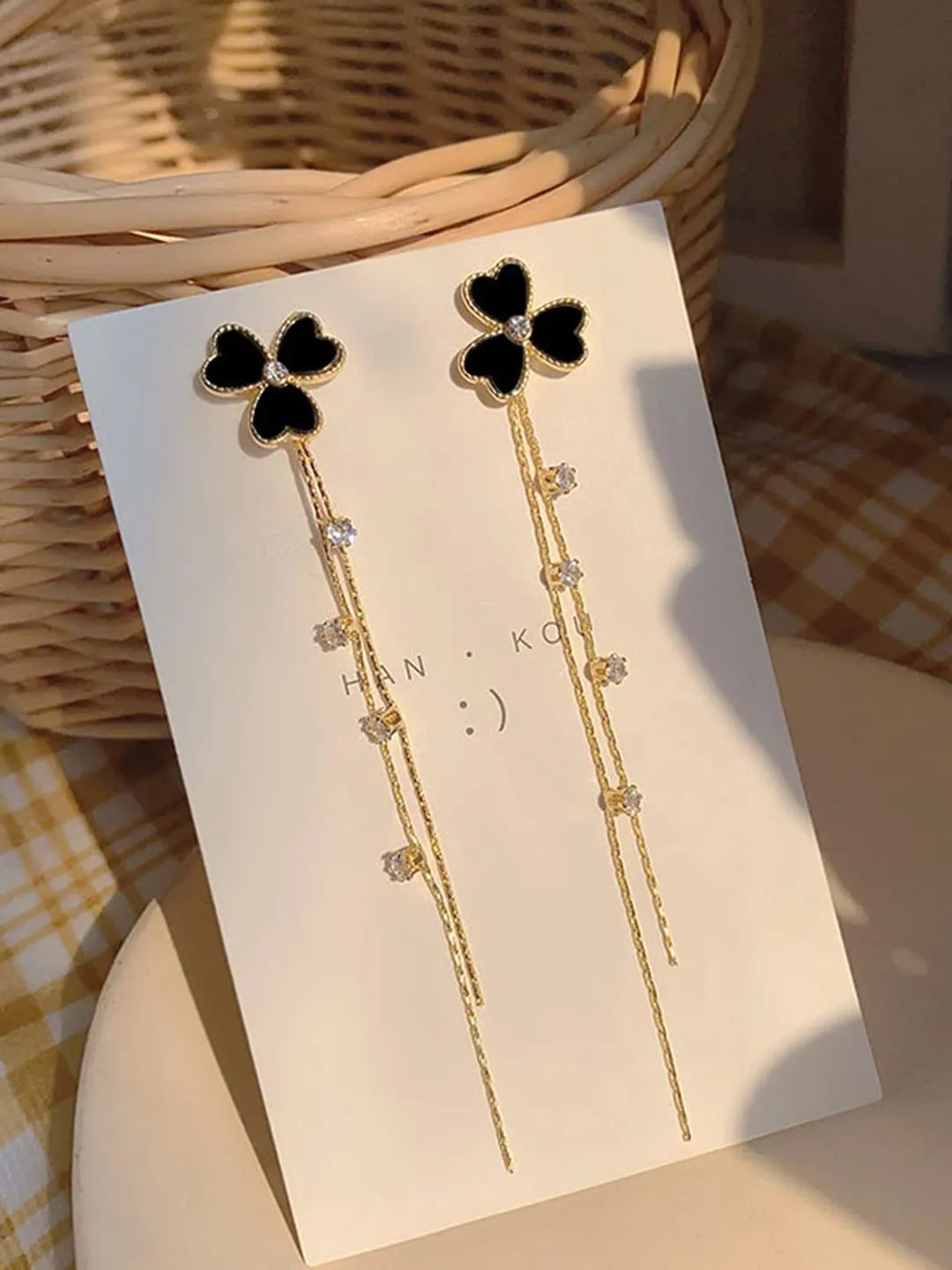 Yellow Chimes Earrings For Women Gold Tone Black Triple Heart Shape With Linear Long Chain Dangle Earring For Women and Girls