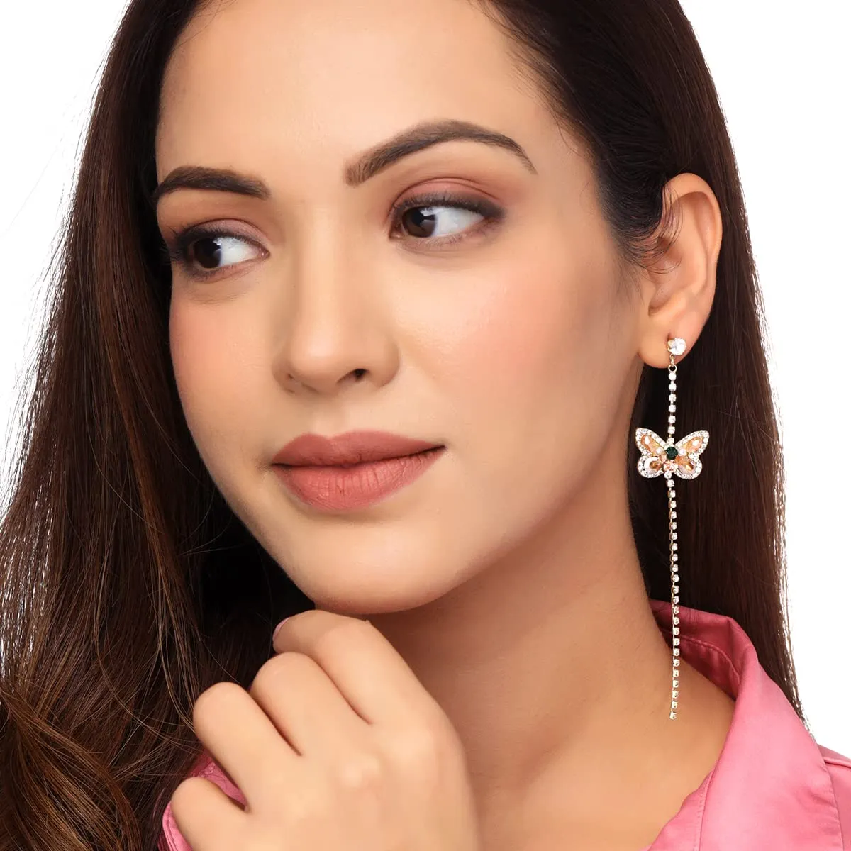 Yellow Chimes Earrings For Women Gold Tone Crystal Long Chain With Butterfly Stud Dangle Earrings For Women and Girls