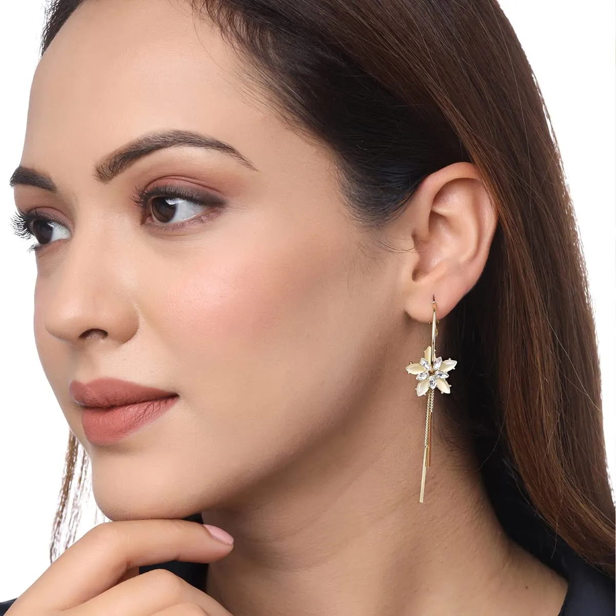Yellow Chimes Earrings For Women Gold Tone Open Circle Hoop With Flower Long Chain Dangle Earrings For Women and Girls