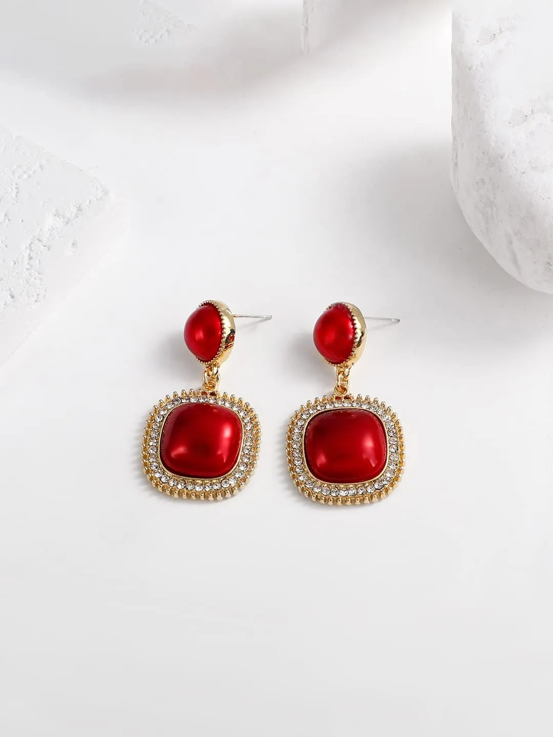 Yellow Chimes Earrings For Women Red Color Pearl Studded Double Drop Earrings For Women and Girls